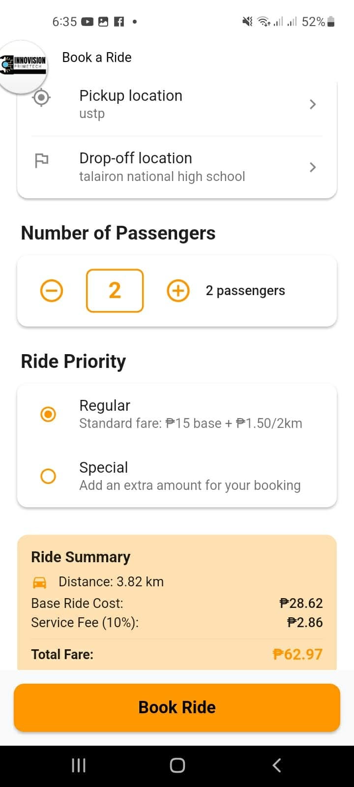 TriGoRide - Ride booking and fare breakdown